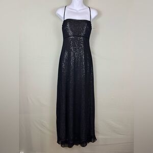 Vintage 90s Tower Sequin Black Mesh Spaghetti Strap Formal Party Maxi Dress